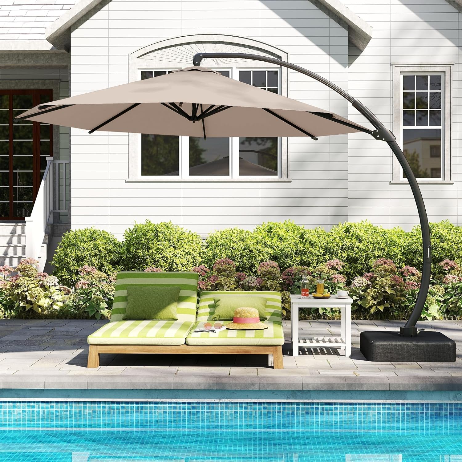 11Ft Cantilever Patio Umbrella with Base Included, Large round Offset Outdoor Pool Umbrella, 360° Rotation & Infinite Tilt, Heavy Duty Aluminum Frame for Deck Backyard, Beige