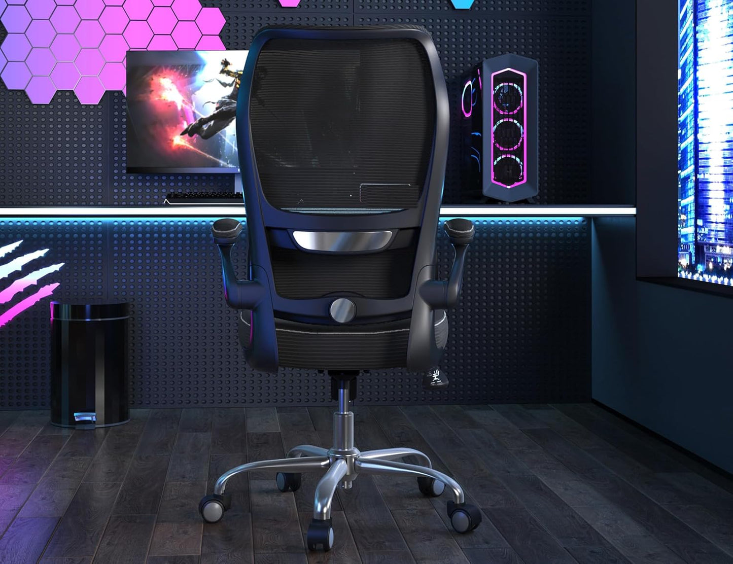 Ergonomic Office Chair - Desk Chair with Wave High Back Adjustable Lumbar Support Computer Chair - Gaming Chairs Mesh Backrest and PU Leather Seat for Home Reading Chairs to Adults(Black)