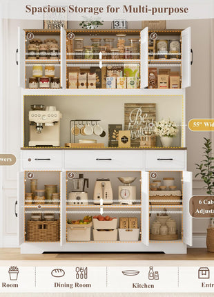 71-Inch Large Pantry Cabinet with Integrated Charging Station, 55-Inch Wide Kitchen Storage Solution Featuring Drawers and Power Outlet, Tall Kitchen Hutch with Countertop in White