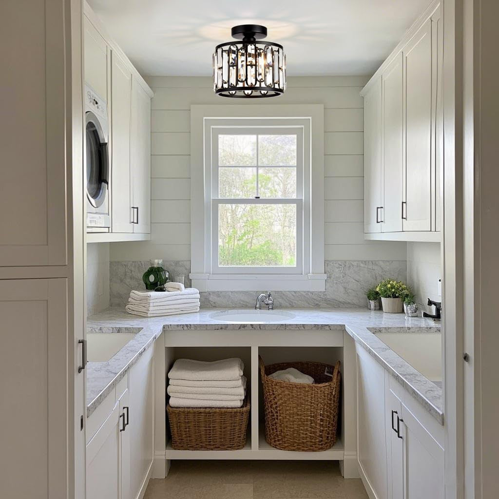 Crystal Ceiling Light, Semi Flush Mount Modern Black Ceiling Light Fixture, Crystal Chandelier, for Bathroom Hallway, Kitchen, Entryway, Bedroom, Laundry Room, Porch 1 Light E26