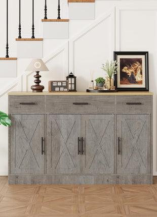53.4" Farmhouse Buffet Cabinet with Storage, Featuring 3 Drawers and 4 Doors, Adjustable Shelf for Kitchen and Living Room, Gray Finish