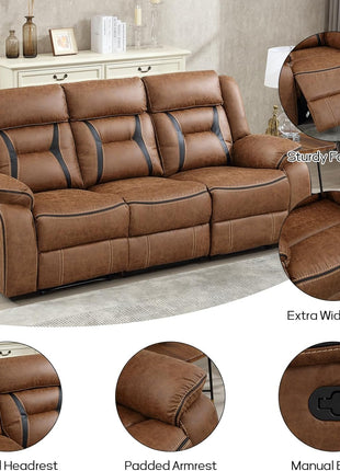 Faux Leather 3-Seat Manual Reclining Sofa for Living Room and Meeting Room, Brown