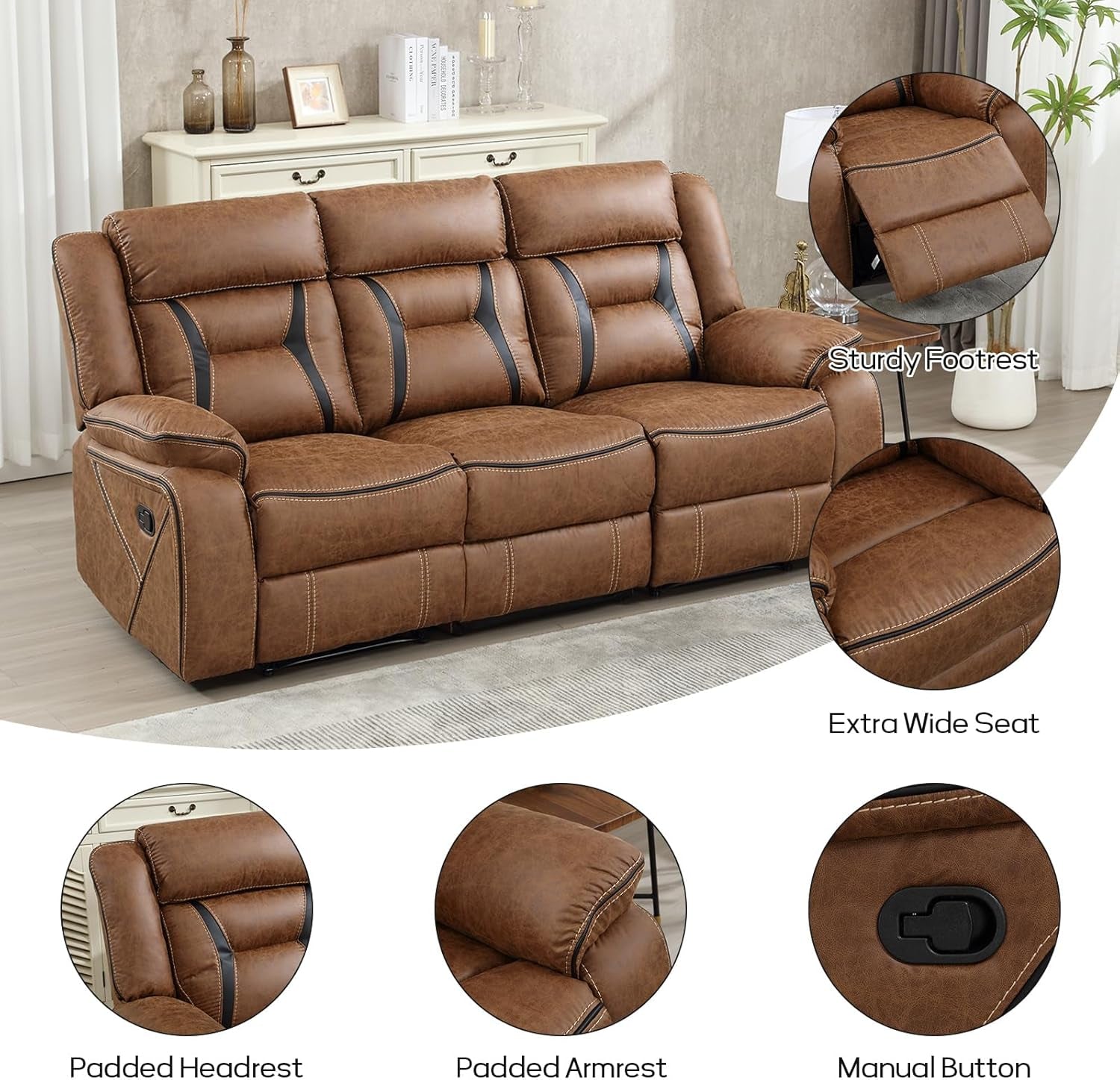 Faux Leather Manual Reclining Sofa, 3 Seat Recliner Sofa Chair, Couch Furniture for Living Room, Furniture, Meeting Room, Brown (3 Seat Sofa)