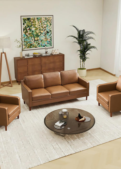 Mid-Century Modern Living Room Set: Elegant 3-Seater Sofa and Two Armchairs in Brown Faux Leather