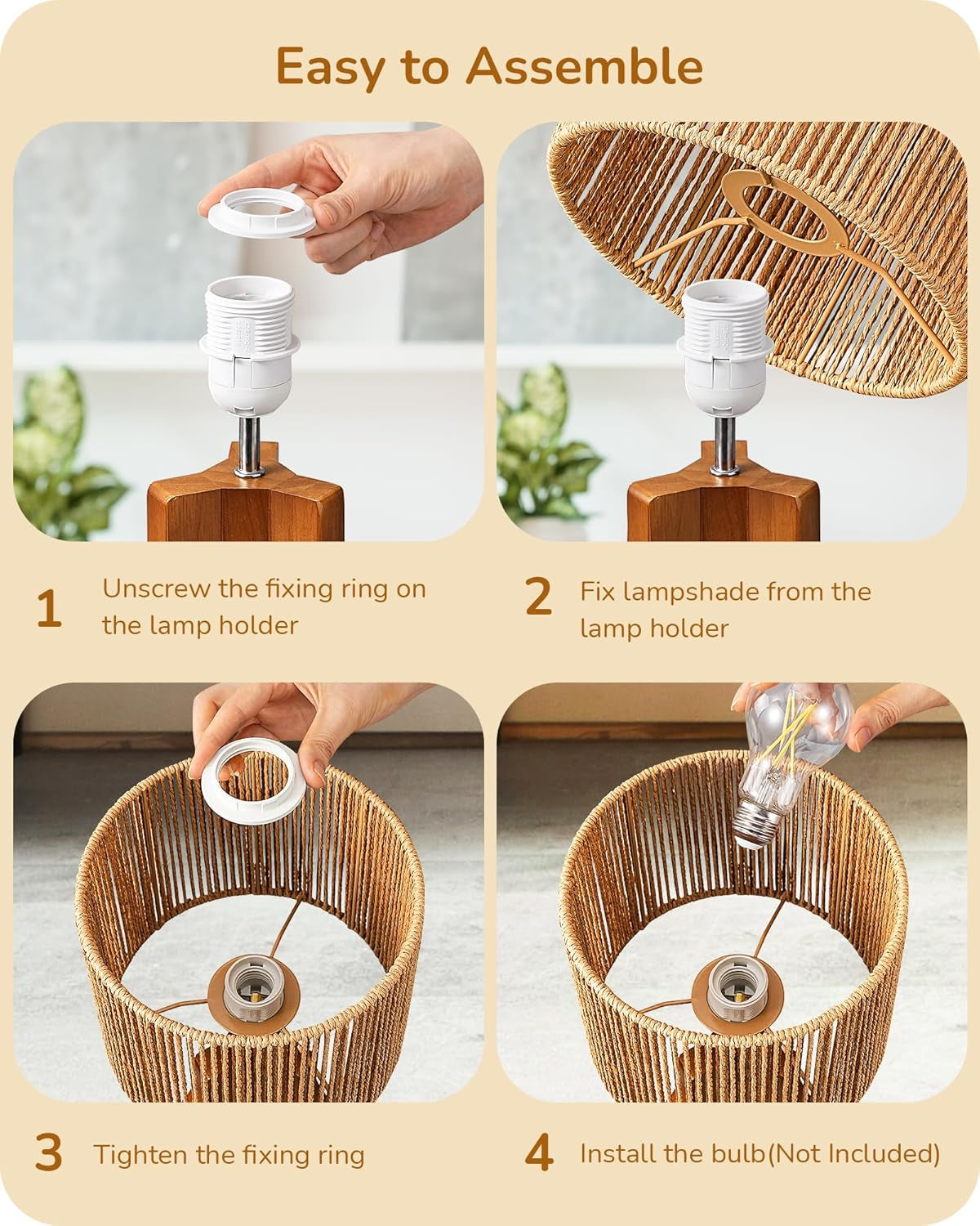 Small Table Lamp, Rose Wood Tripod Nightstand Lamp, Handwoven Paper Rope Shade, 14.6" Rattan Bedside Lamp for Bedroom Living Room, Office, On-Off Line Switch, E26 Base(Bulb Not Included)