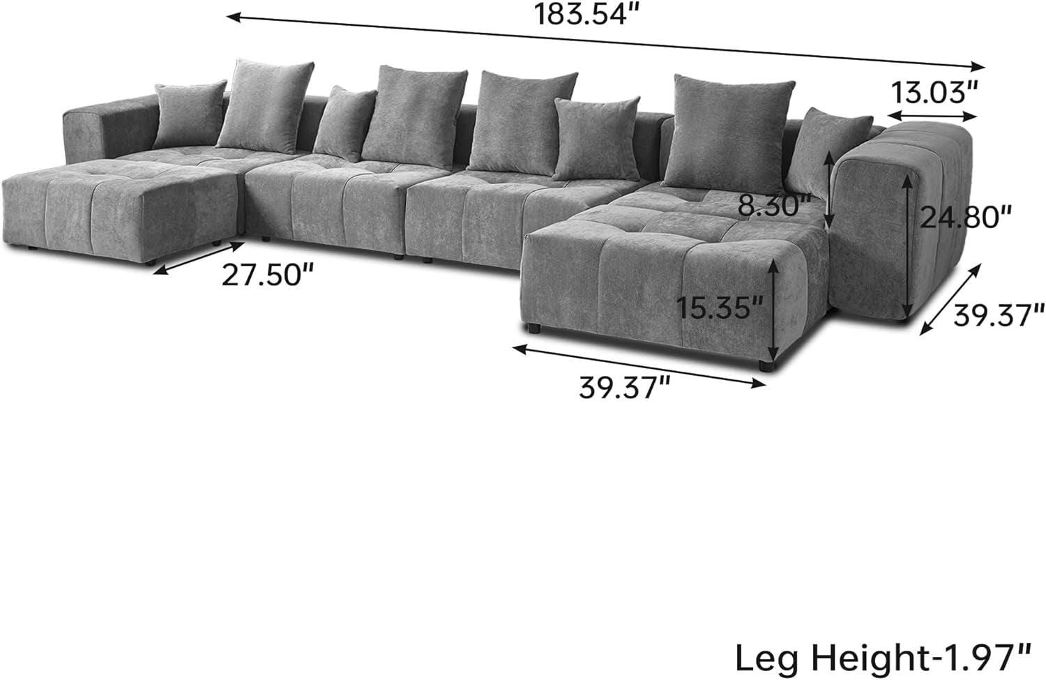 183.5 Inch U-Shaped Modular Sectional Sofas, Modern 4-Seater Couch with Chaise Ottomans, Mid Century Modern Sectional Couches, Cozy Sleeper Sofa for Living Room (Linen Fabric, Grey)