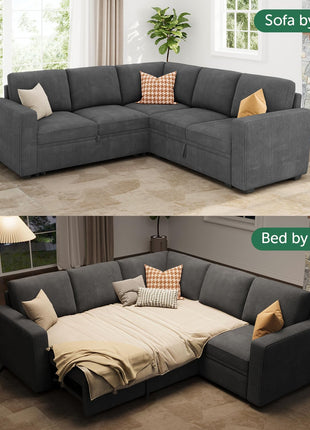 Stylish Dark Grey Modular Sectional Sleeper Sofa with Pull-Out Bed and Storage - Versatile L-Shaped Couch for Living Room Aesthetics