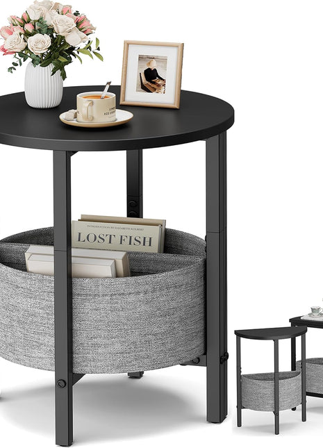 Set of 2 Contemporary Half Moon Accent Tables with Storage Baskets, Black, Perfect for Living Room and Bedroom Decor