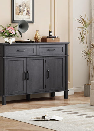 48-Inch Farmhouse Buffet Cabinet with Storage, Featuring 2 Drawers and 3 Doors, Wood Coffee Bar Cabinet with Adjustable Shelves for Kitchen and Living Room, Black Finish