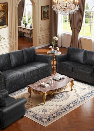Mid-Century Vintage Living Room Furniture Set, Including Sofa, Loveseat, and 3-Seater Couch with Rivet Design in Grey