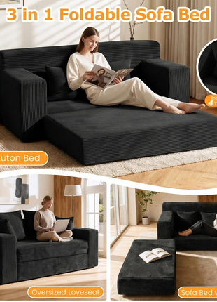 55" Convertible Boneless Loveseat Sleeper Sofa Bed with 4 Pillows - Black Corduroy, Ideal for Living Room, Guest Room, and Small Spaces, No Assembly Required