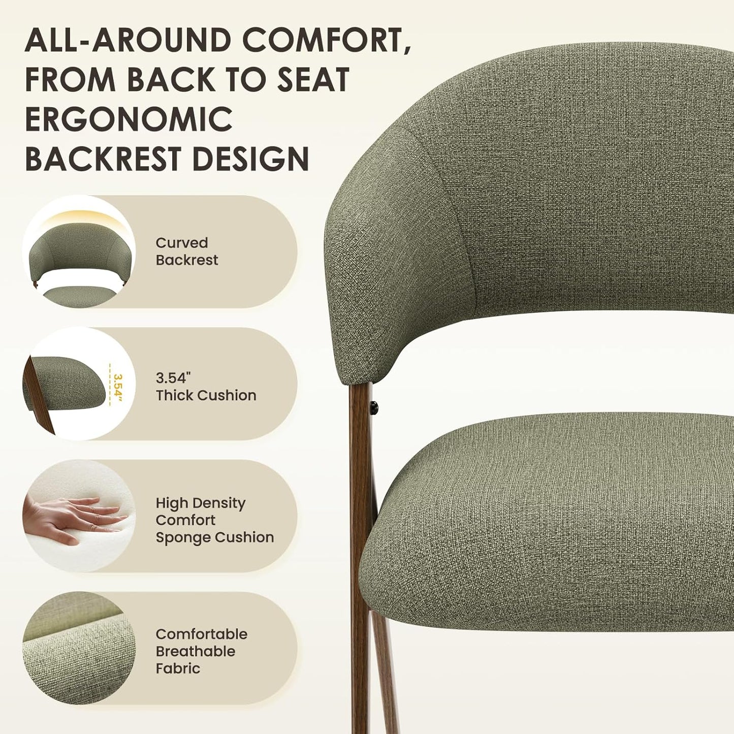 Dining Chairs Set of 4, Modern Fabric Upholstered Dining Room Kitchen Side Chairs with Iron Legs, Open Back and Padded Seat, for Living Room/Restaurant/Cafe, Green