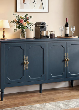 59" Vintage Buffet Cabinet with Adjustable Shelves and Carved Handle, Mid-Century Modern Navy Blue Sideboard for Kitchen and Dining Room