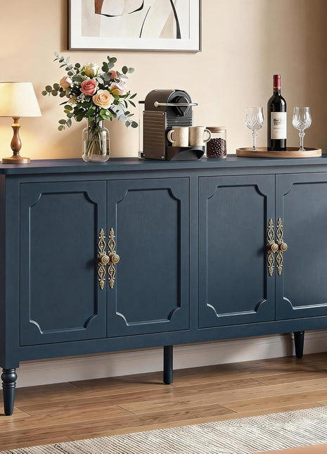 59" Vintage Buffet Cabinet with Adjustable Shelves and Carved Handle, Mid-Century Modern Navy Blue Sideboard for Kitchen and Dining Room