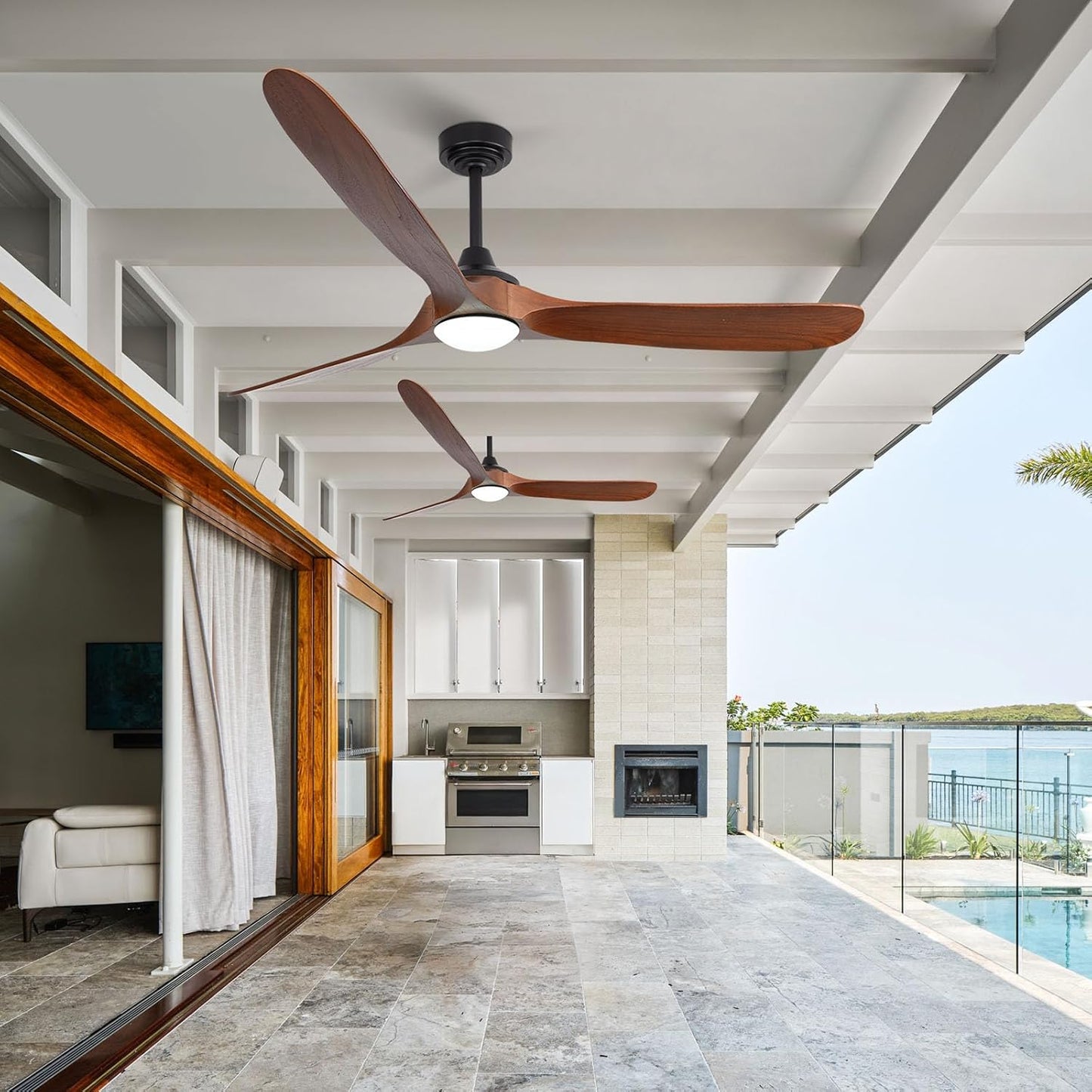 Ceiling Fan with Lights, 72'' Solid Wood Indoor/Outdoor Ceiling Fan with Quiet Reversible DC Motor, Control with WIFI Alexa App, 3CCT Dimmable, 6 Speeds Walnut Outdoor Fan for Patio Porch