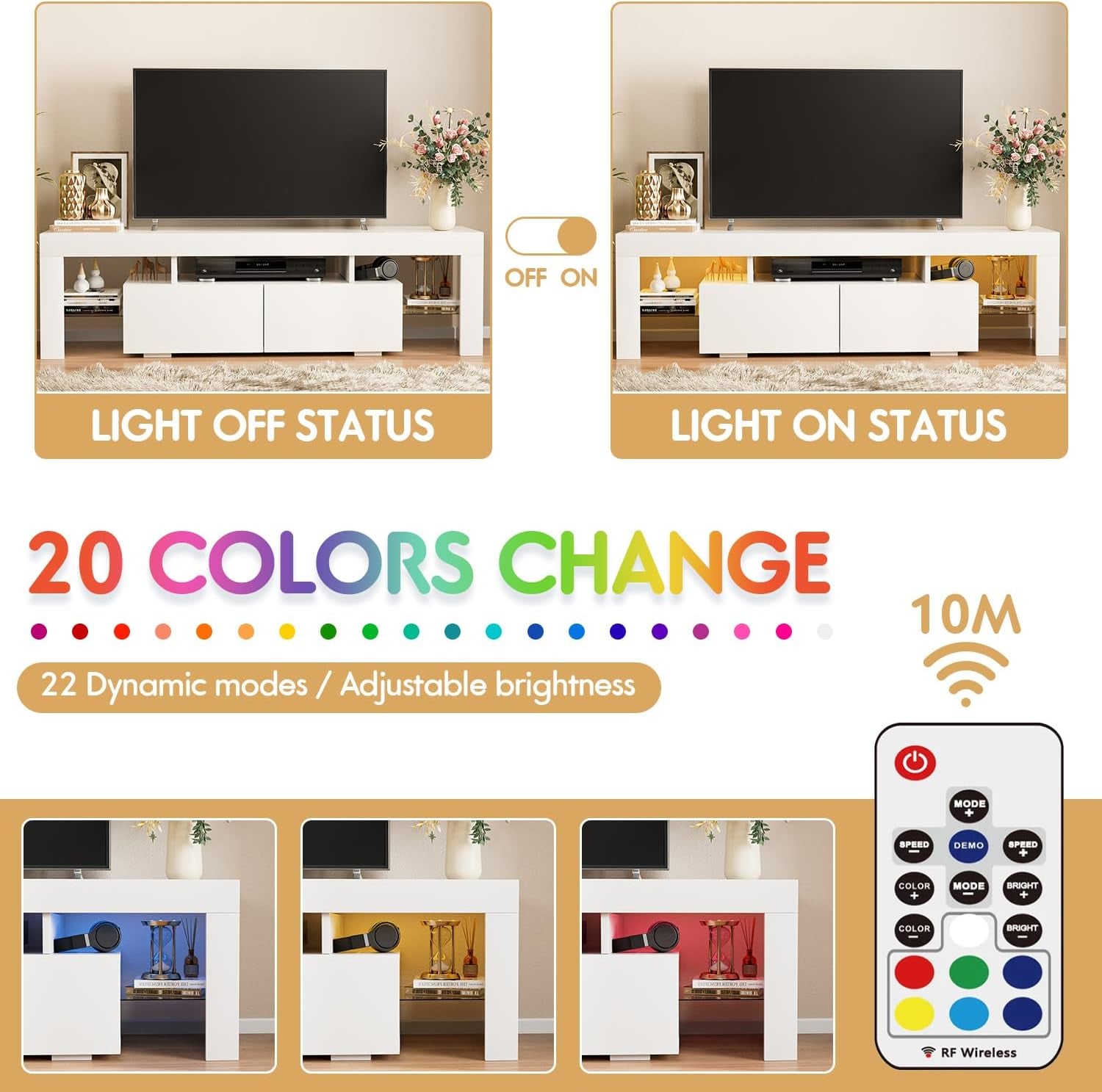 TV Stand with LED Lights, Modern Entertainment Center Media and Open Shelf Console Table Storage Desk with 1 Drawer and Remote Control 20 Color LED Lights up to 70 Inch TV (White)