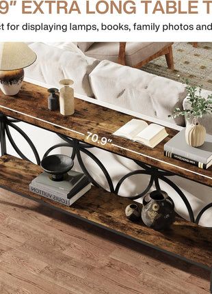 70.9-Inch Industrial Narrow Console Table with Storage for Entryway and Living Room in Rustic Brown Finish