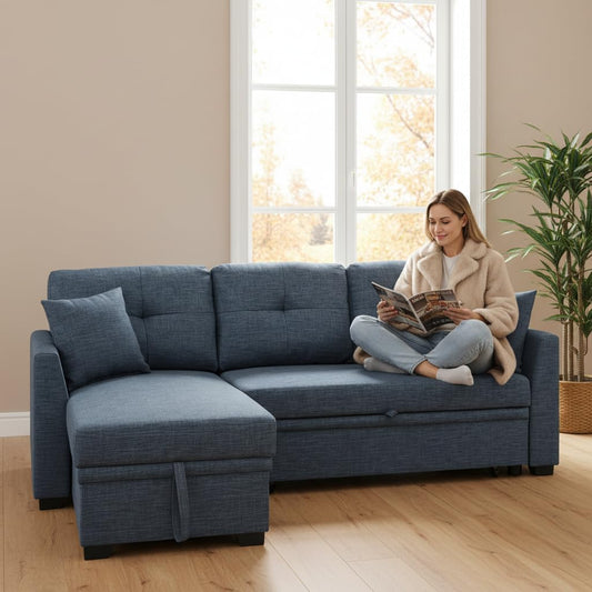 Sectional Sleeper Sofa with Pull Out Bed, L Shape Convertible Linen Couch with Storage Chaise, 2 in 1 Pull Out Sofa Bed with 2 Seats, for Living Room, Apartment, Dark Blue