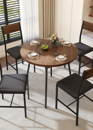 Round Dining Table Set for Four - Compact Kitchen and Dining Room Furniture with Durable Metal Frame and Walnut Finish