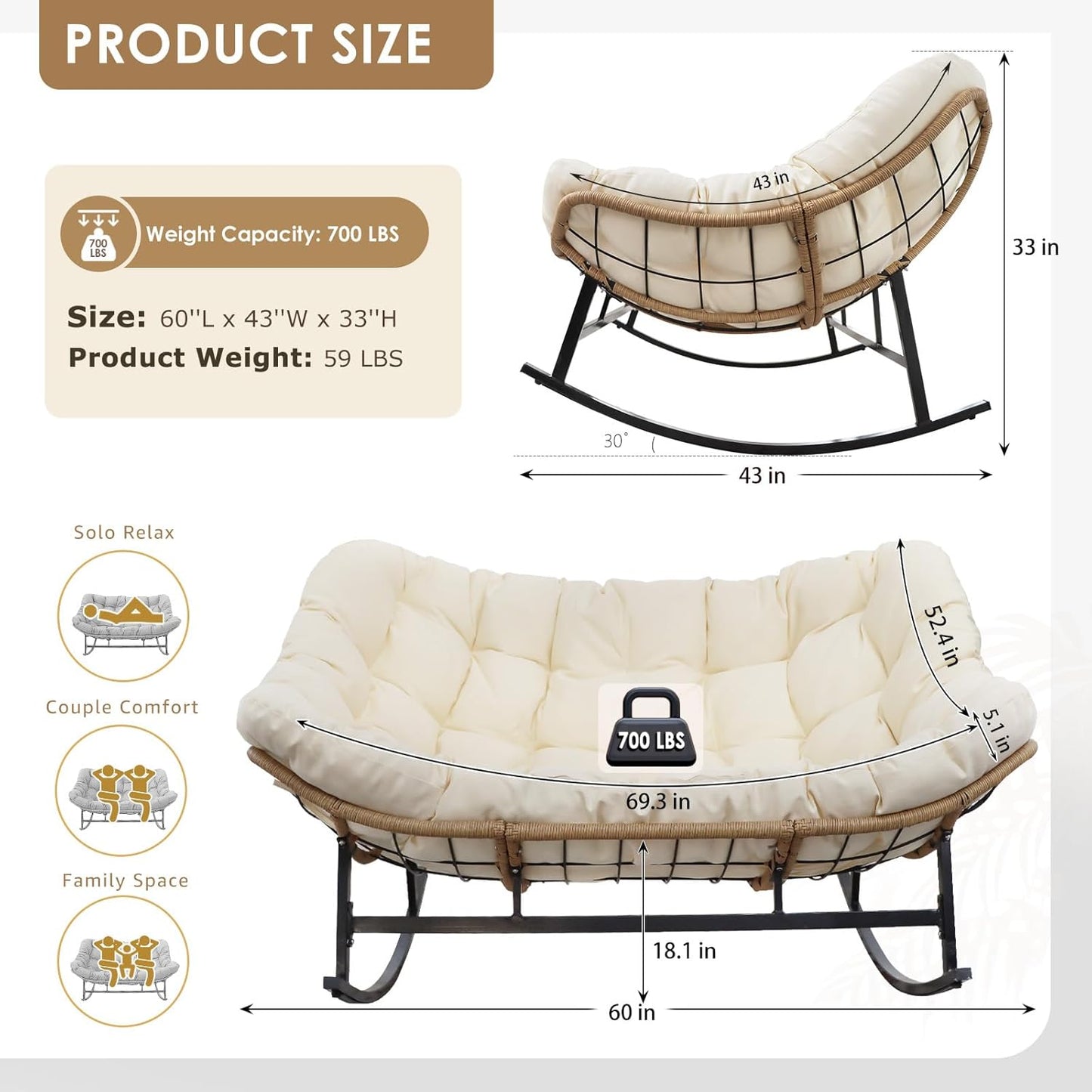 Double Egg Rocking Chair for 2, Oversized Rattan Recliner Loveseat with Padded Cushion, 700 Lbs Heavy Duty Comfy Large Papasan Rocker for Reading Outdoor Patio Balcony Backyard Indoor, Beige