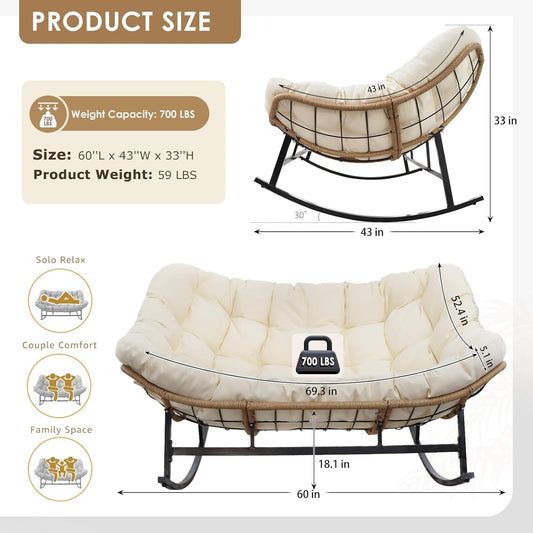 Double Egg Rocking Chair for 2, Oversized Rattan Recliner Loveseat with Padded Cushion, 700 Lbs Heavy Duty Comfy Large Papasan Rocker for Reading Outdoor Patio Balcony Backyard Indoor, Beige