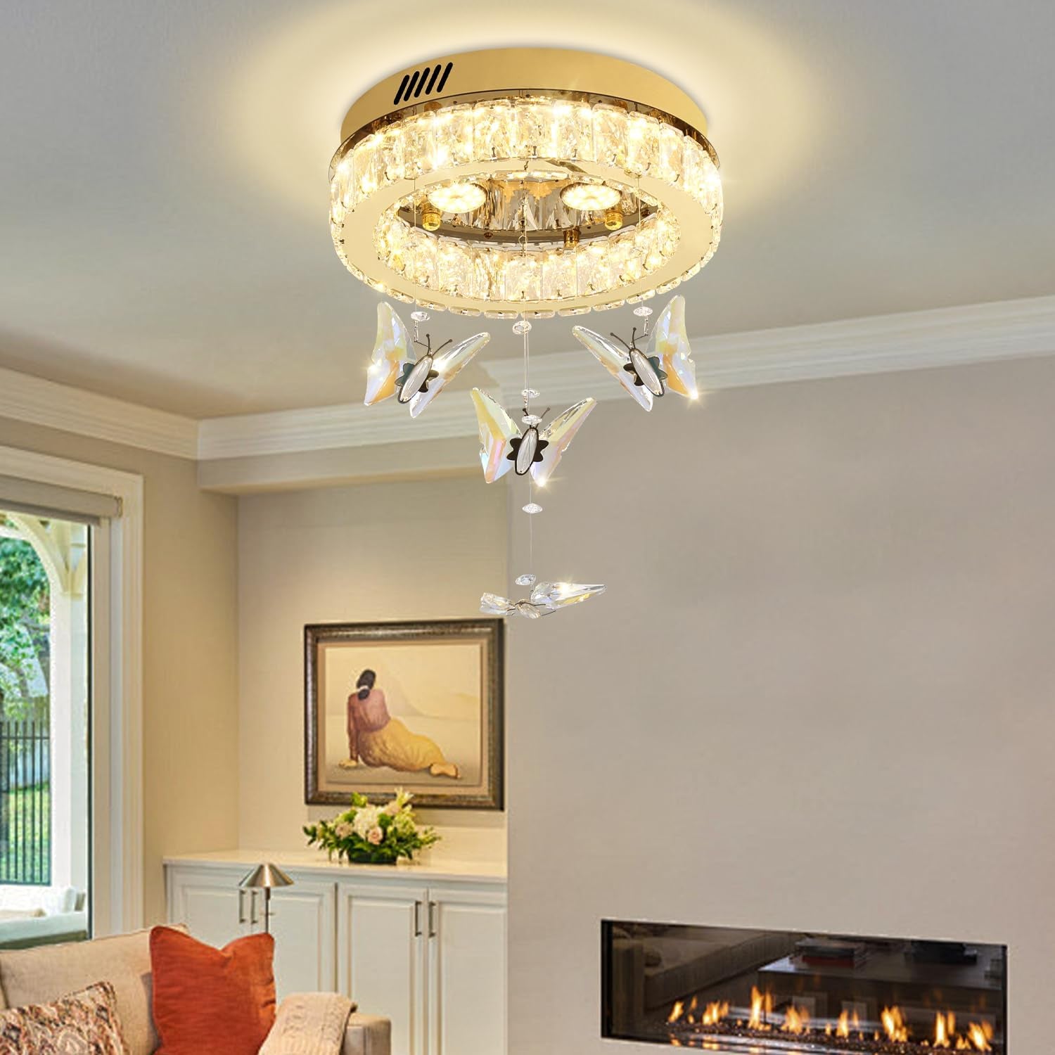 Butterfly Chandelier Gold 12In Modern Crystal Raindrop Chandelier Lighting Flush Mount Ceiling Chandeliers for Living Room 3XGU10