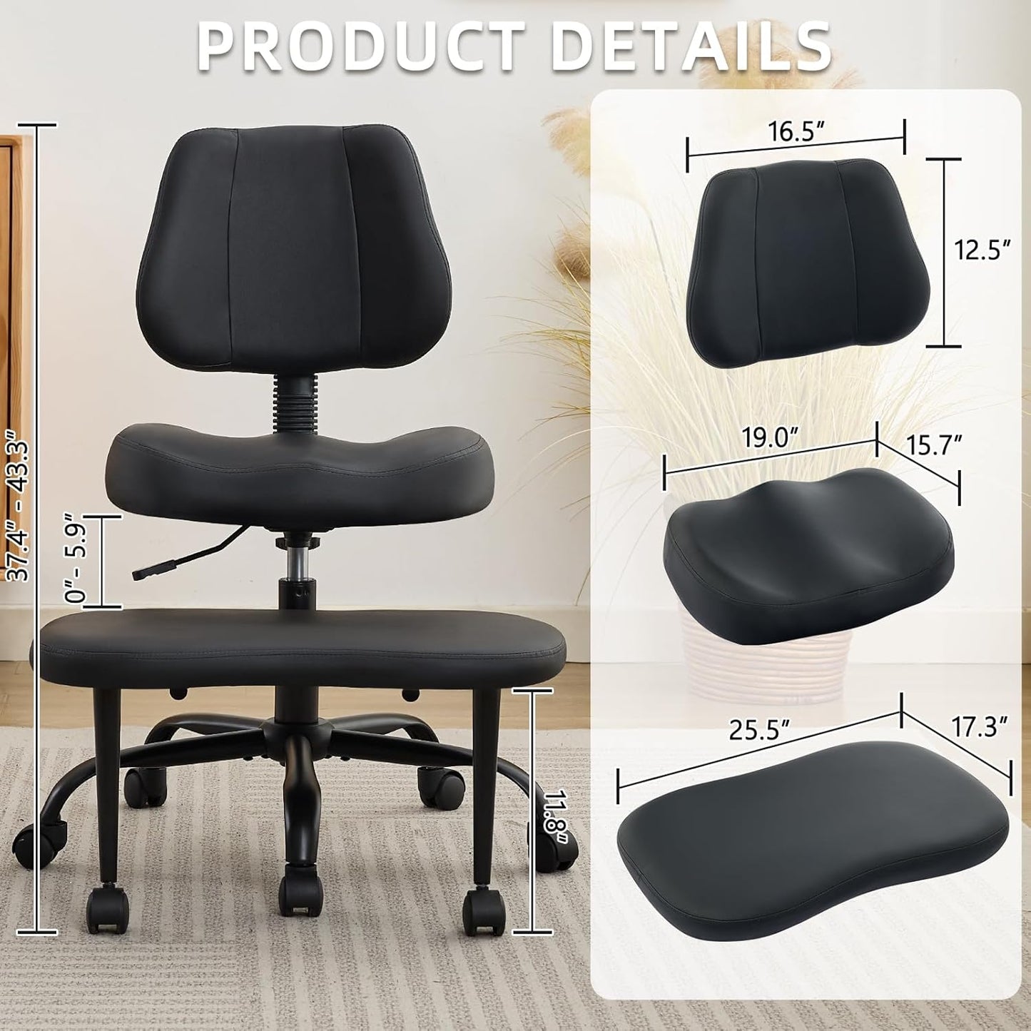 Ergonomic Cross Legged Office Chair, Criss Cross Chair with Wheels, 360°Swivel ADHD Meditation Kneeling Yoga Seat with Adjustable Height, Ergonomic Back Support and Leg Rest, Leather (Black)