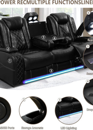 Elevate Your Living Room with a Contemporary Power Recliner Sofa Set - Featuring Breathable Leather, LED Lighting, USB Ports, Cup Holders, and Convenient Storage for an Exceptional Home Theater Experience.