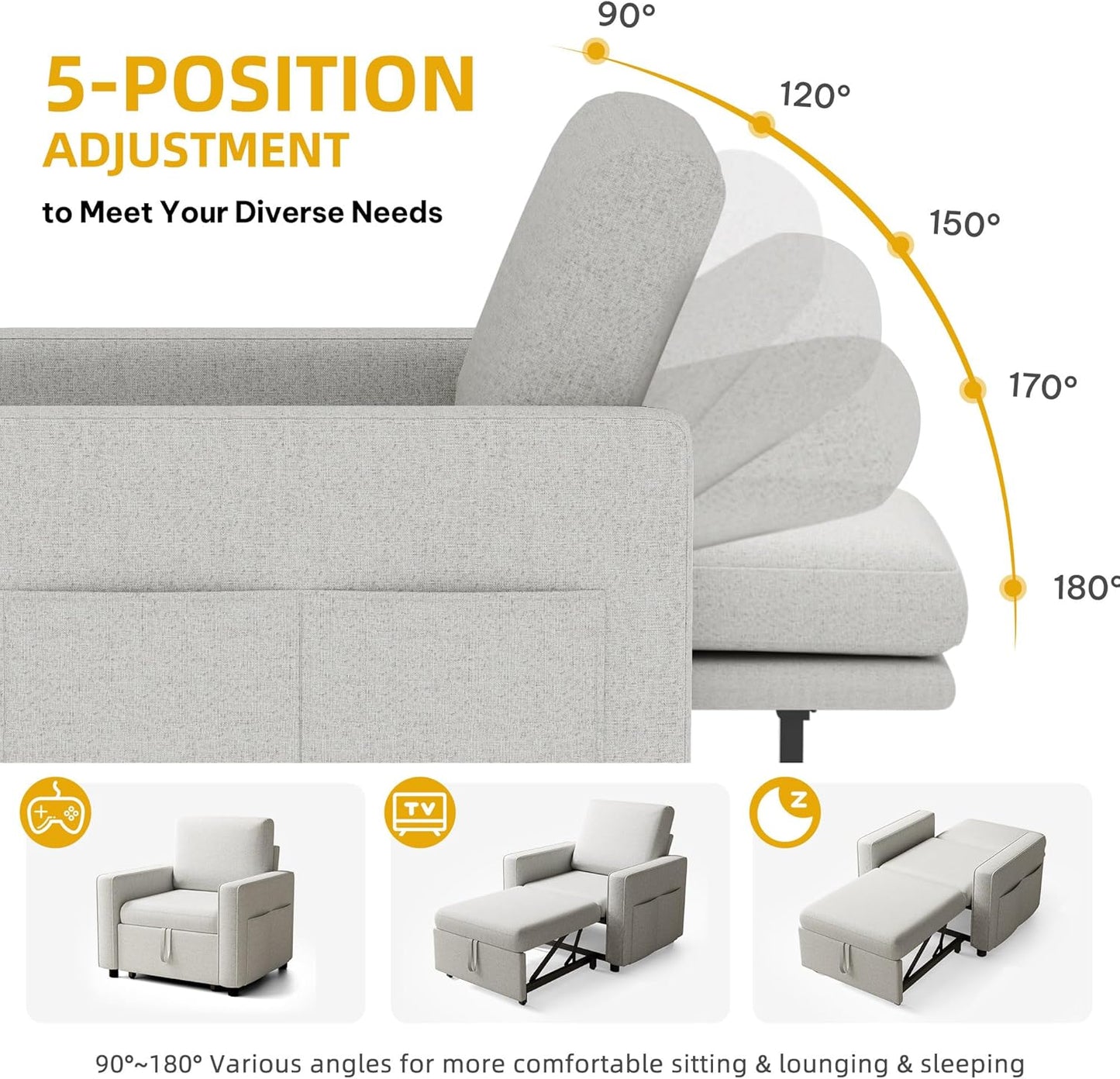 Convertible Sleeper Chair, 3-In-1 Sofa Bed with Pull-Out Bed, 75" Single Sleeper Couch with Reclining Backrest and Wide Armrest, Linen Futon Couch for Dorm Apartment, Beige