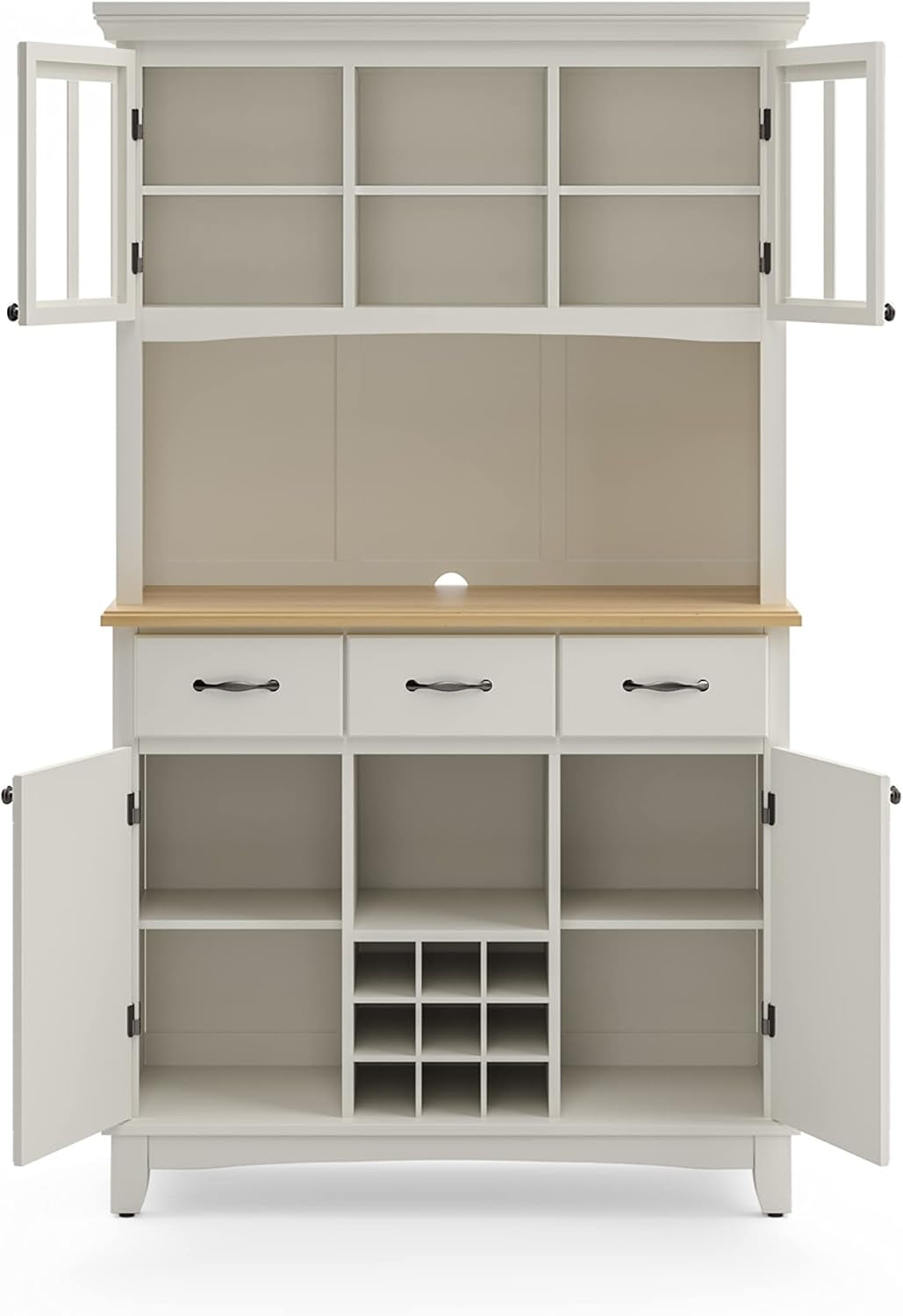 Buffet of Buffets Off-White Server with Hutch and Natural Wood Top