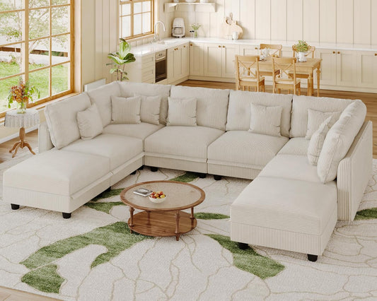 Modular Sectional Sofa with Storage Seats, Corduroy Convertible Modular U Shaped Sectional Couch for Living Room, 8 Seat Oversized Sofa with 8 Back Cushion 8 Throw Pillow, Beige