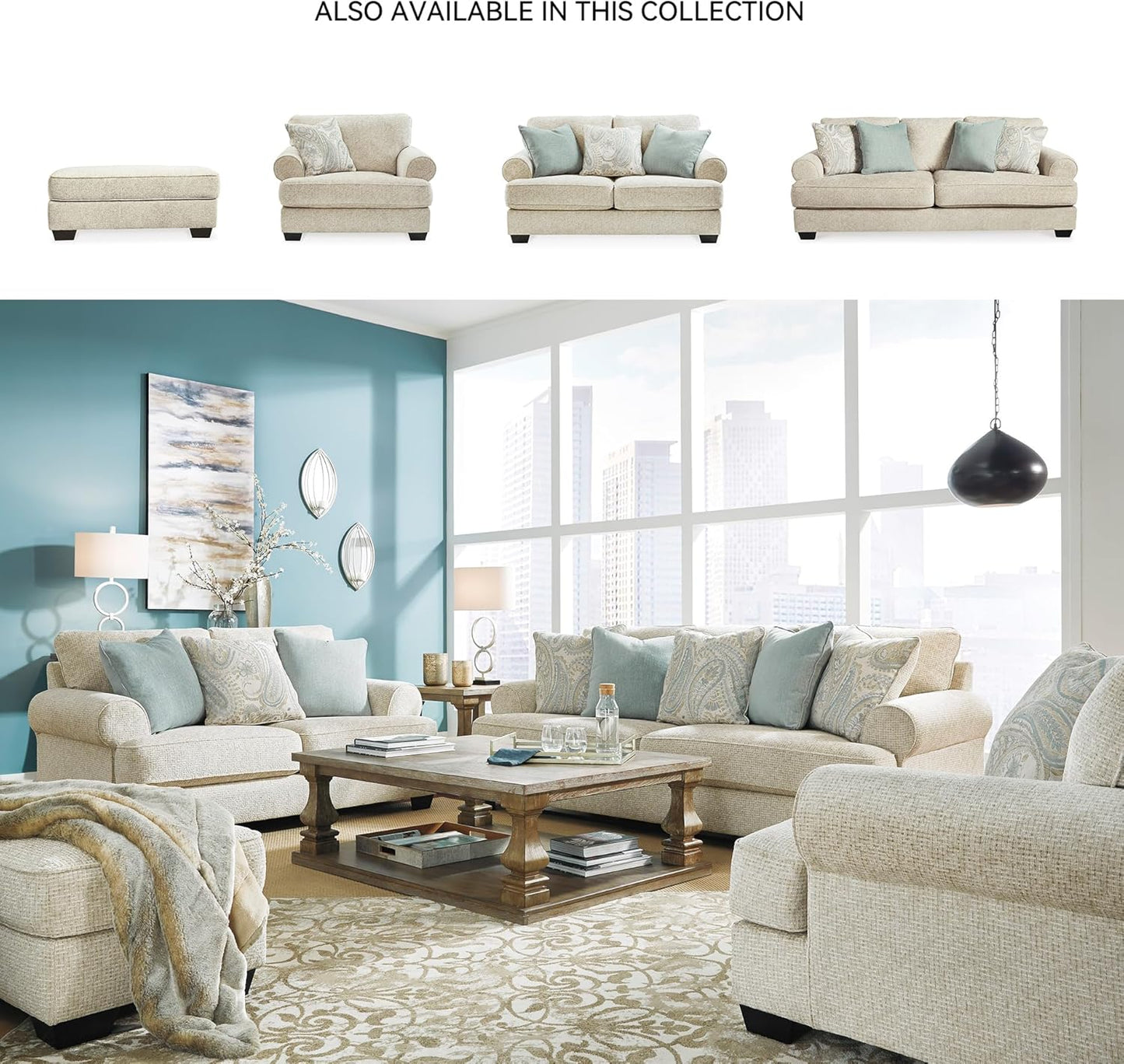 Monaghan Vintage Loveseat with Accent Pillows, Reversible Cushions and Rolled Arms, Beige