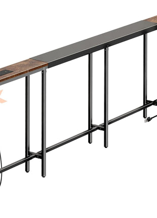 Adjustable Rustic Brown Sofa Table with Dual Power Outlets and USB-C Port, 110.2-157.5 Inch Length, Entryway Console with Anti-Tip Kit for Living Room