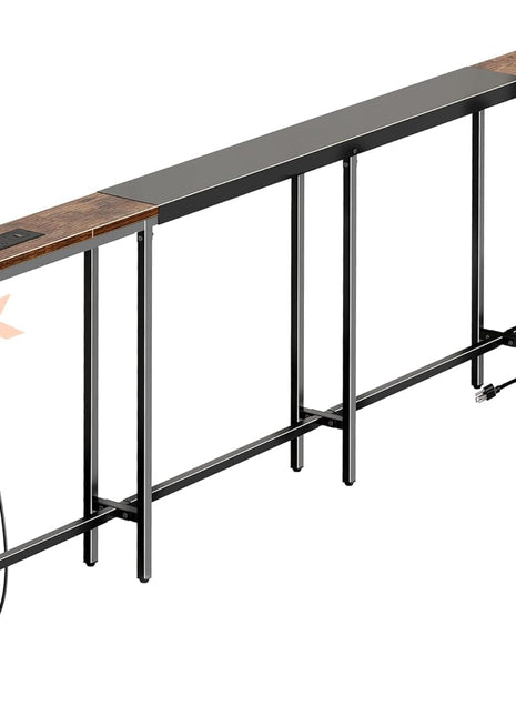 Adjustable Rustic Brown Sofa Table with Dual Power Outlets and USB-C Port, 110.2-157.5 Inch Length, Entryway Console with Anti-Tip Kit for Living Room
