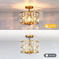 Gold Finish 3LT Crystal Semi Flush Mount Ceiling Light Fixture, Cylinder Drum Shade, Close to Ceiling, Perfect for Kitchen, Dining Room, Bedroom, Living Room, Entryway, Foyer
