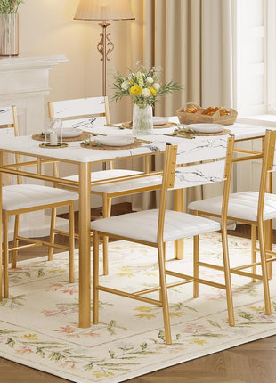 4-Person Wooden Dining Table Set with Upholstered Chairs, Space-Saving Design for Compact Dining Areas, White and Gold Finish