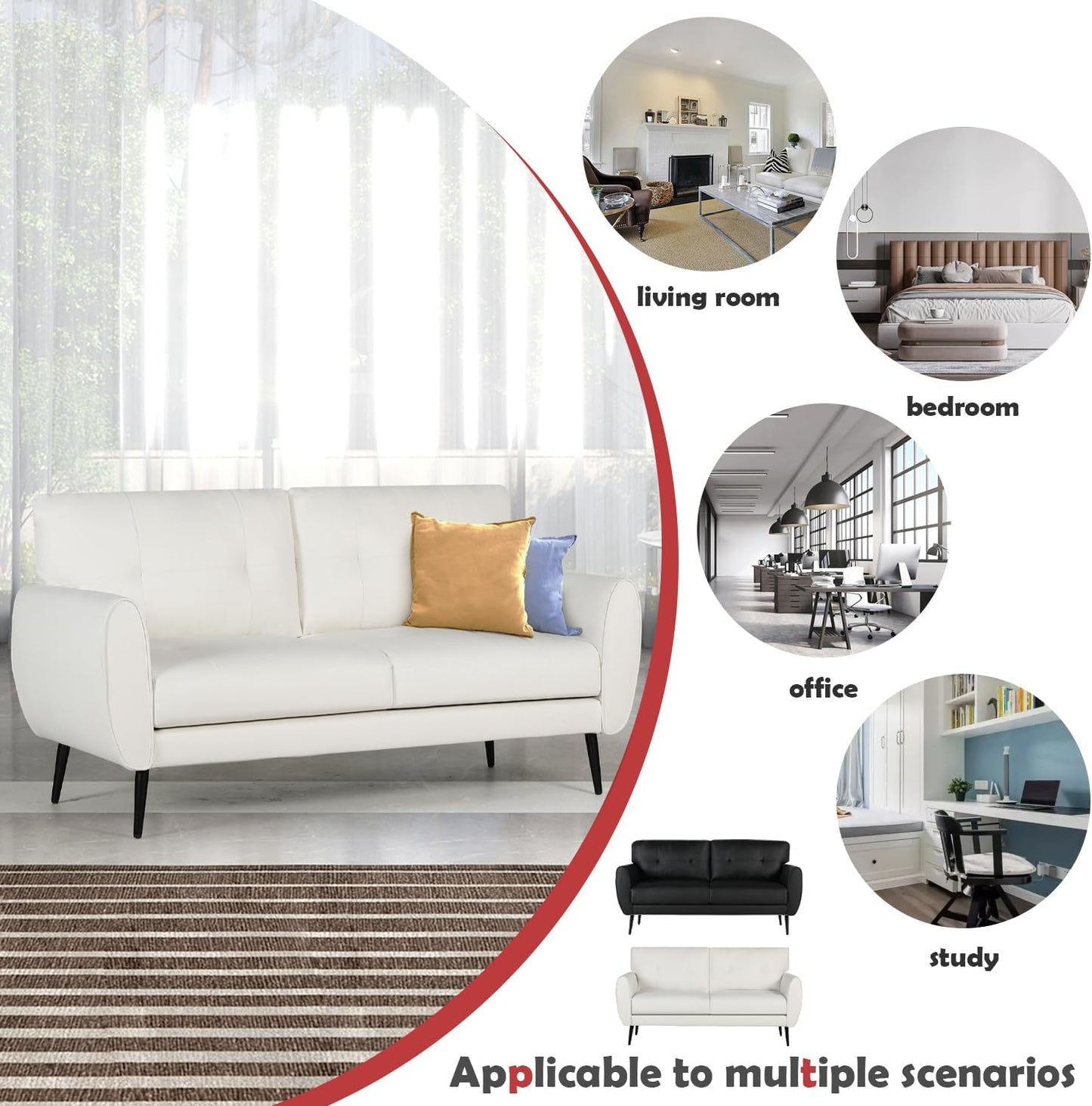 60" Mid-Century Modern White Faux Leather Loveseat, 2-Seater, 27.95" W X 30.7" H, Comfortable Office Sofa for Small Spaces, Bedroom, Apartment