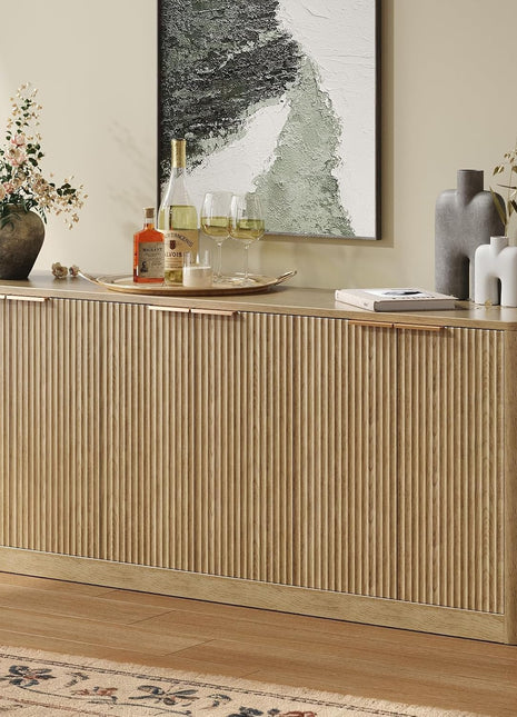 67-Inch Fluted Oak Buffet Cabinet Sideboard with Ample Storage, Mid-Century Modern Credenza Featuring 6 Doors for Kitchen and Living Room (67" x 31.5" x 15.7")