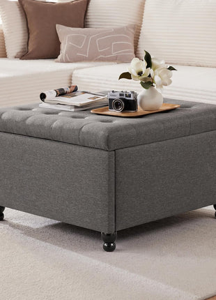 30-Inch Large Square Upholstered Storage Ottoman Coffee Table in Dark Grey Fabric for Living Room