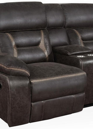 Greer Faux Leather Upholstered Motion Reclining Loveseat with Console, Lift-Top Storage, and Built-In Cupholders for Living Room and Home Theater, Brown