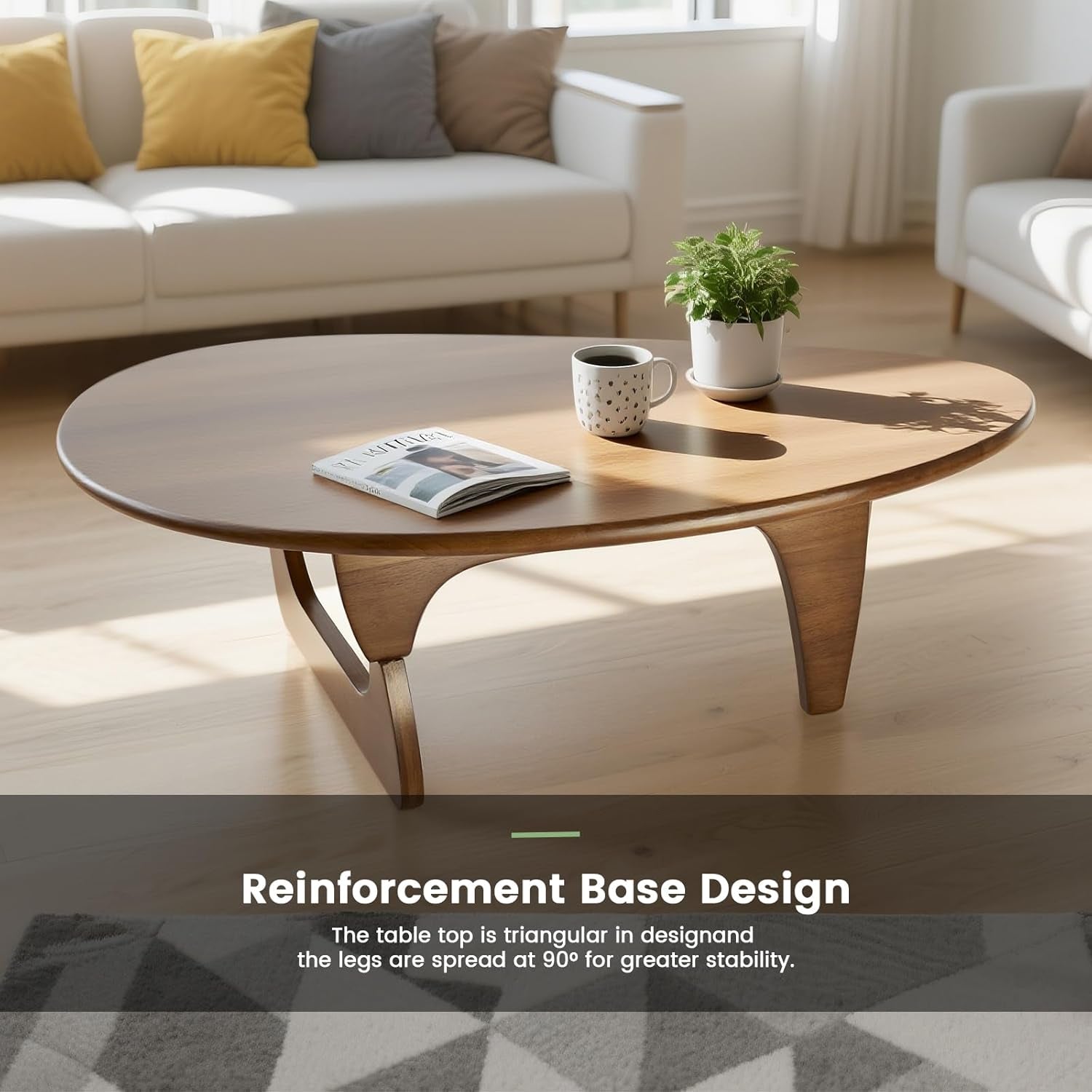 Solid Wooden Modern Triangle Coffee Table: Unique Funky Coffee Tables for Living Room, Oval Mid-Century Irregular Abstract Tea Tables for Patio Office Balcony Bedroom (Walnut, 33" L X 22" W X 16" H)