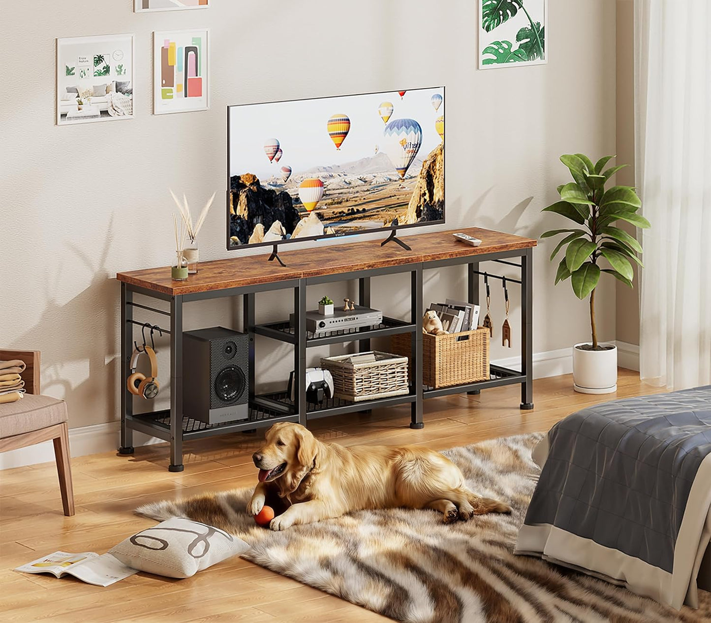 TV Stand for Tvs up to 55 Inch, Entertainment Center with Open Storage Shelves, Media Console Table with Soundbar Shelf for Living Room, Bedroom, Rustic Brown