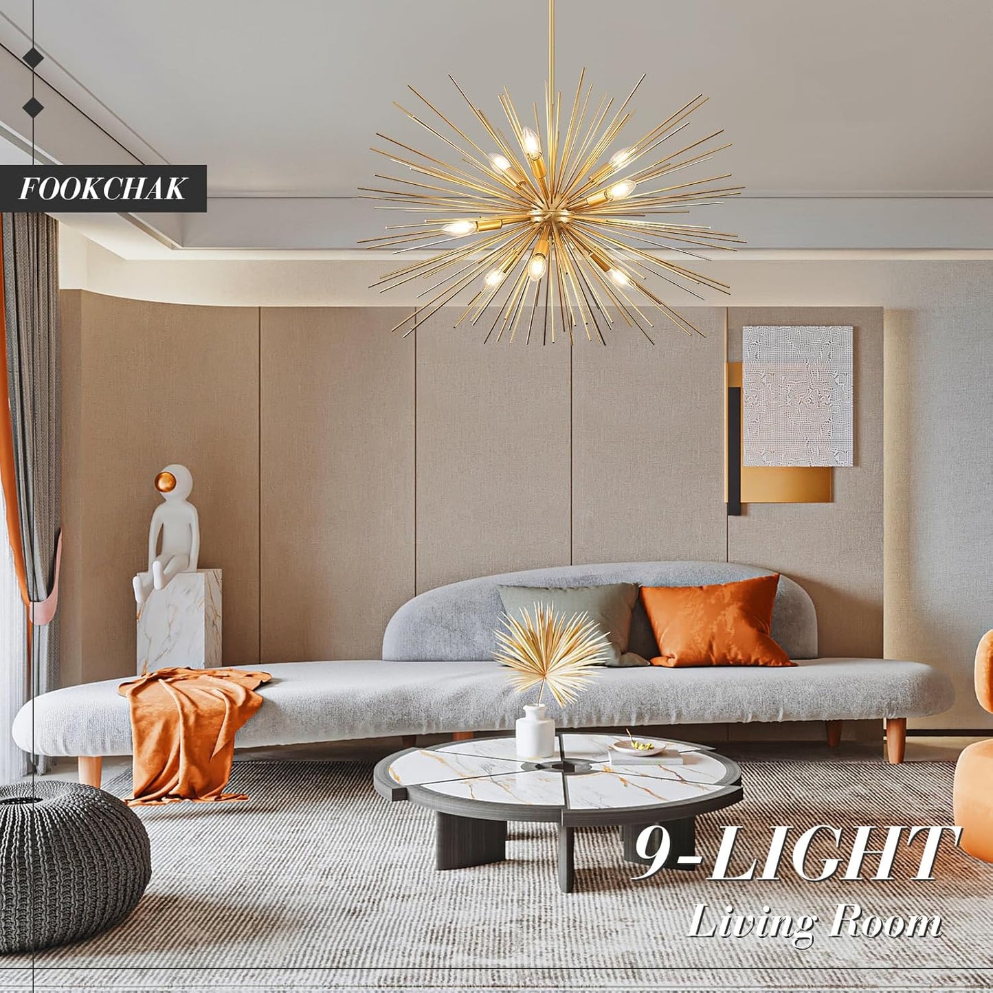 32In Gold Sputnik Chandelier Solid Metal Starburst Chandelier Light Fixture 9-Light Mid-Century Modern Satellite Light Fixture for Living Room Dining Room Foyer Study Room Bathroom,E12