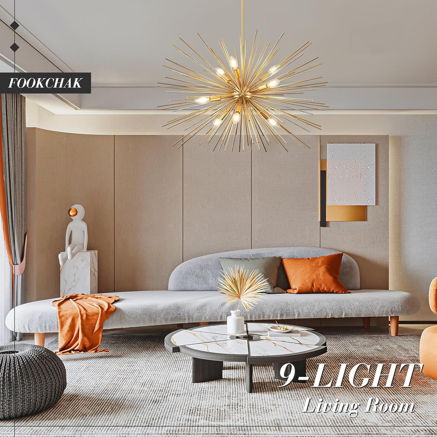 32In Gold Sputnik Chandelier Solid Metal Starburst Chandelier Light Fixture 9-Light Mid-Century Modern Satellite Light Fixture for Living Room Dining Room Foyer Study Room Bathroom,E12