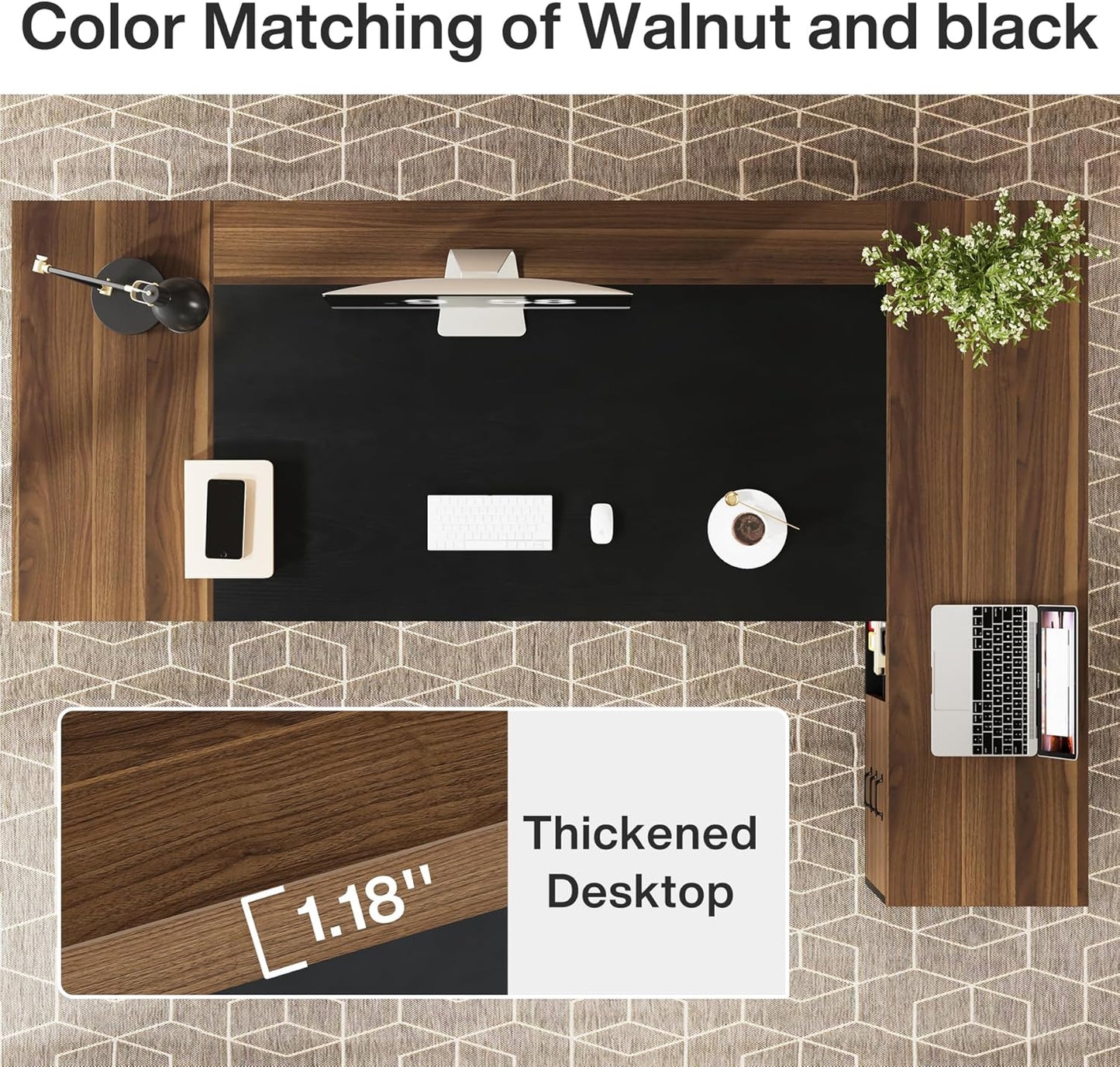 78" L-Shaped Executive Desk, Large Modern Office Desk with Drawers and File Cabinet, Business Furniture with Storage Shelves, Big Computer Desk for Home Office (Light Walnut + Black)