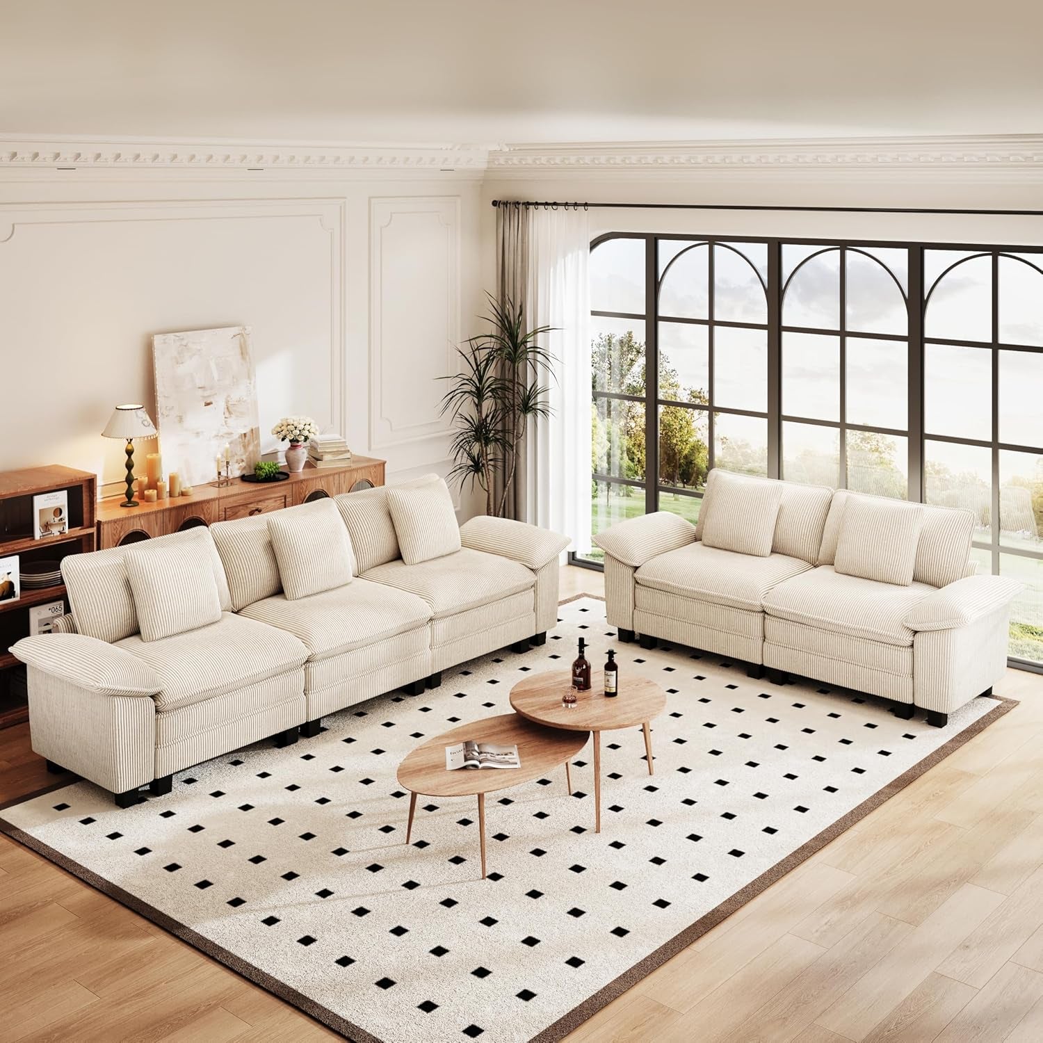 Cloud Modular Couches Sets, 2 Pieces Comfy Sectional Sofa Set with Loveseat, 5-Seater Upholstered Couch for Living Room, Corduroy, Beige