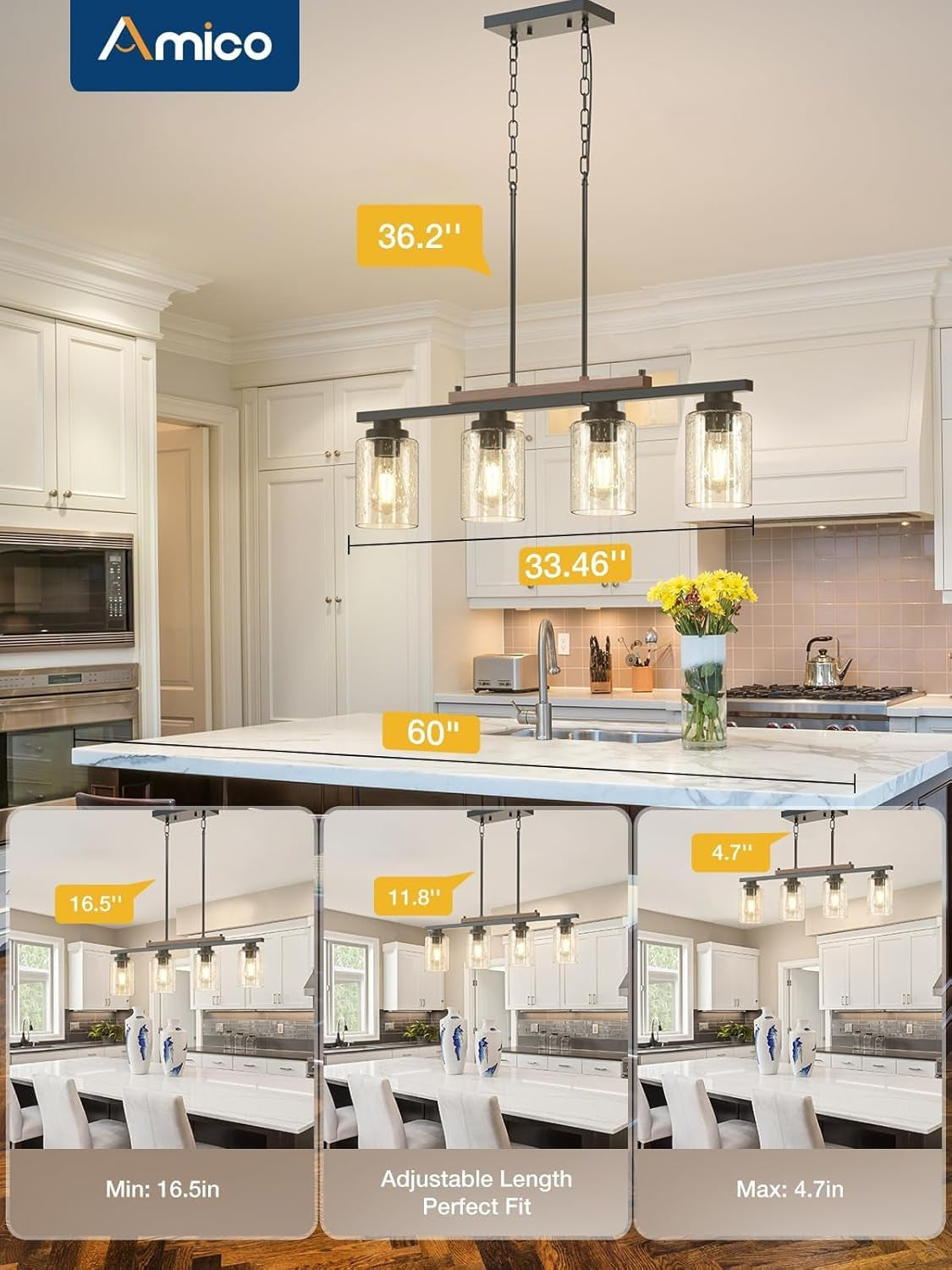 Dining Room Light Fixture 4-Light Kitchen Island Lighting with Adjustable Rods, Farmhouse Decor Black Metal & Wood Chandelier with Seeded Glass Shade, Island Lights for Kitchen