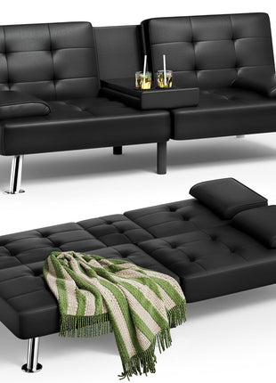 Leather Futon Sofa Bed with Removable Armrests and Adjustable Recliner, Dual Cup Holders - Ideal for Living Room, Apartment, or Office (Black) 30.7" x 65" x 28