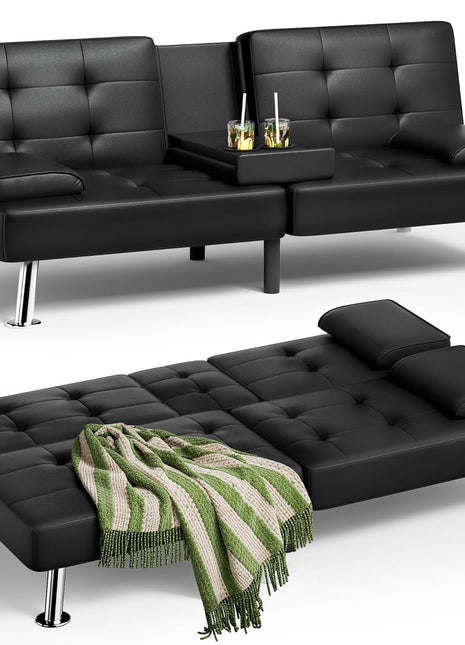 Leather Futon Sofa Bed with Removable Armrests and Adjustable Recliner, Dual Cup Holders - Ideal for Living Room, Apartment, or Office (Black) 30.7" x 65" x 28