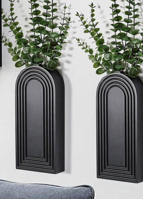 Set of 2 Black Finish Wooden Wall Vases - Modern Farmhouse and Bohemian Decor for Various Spaces